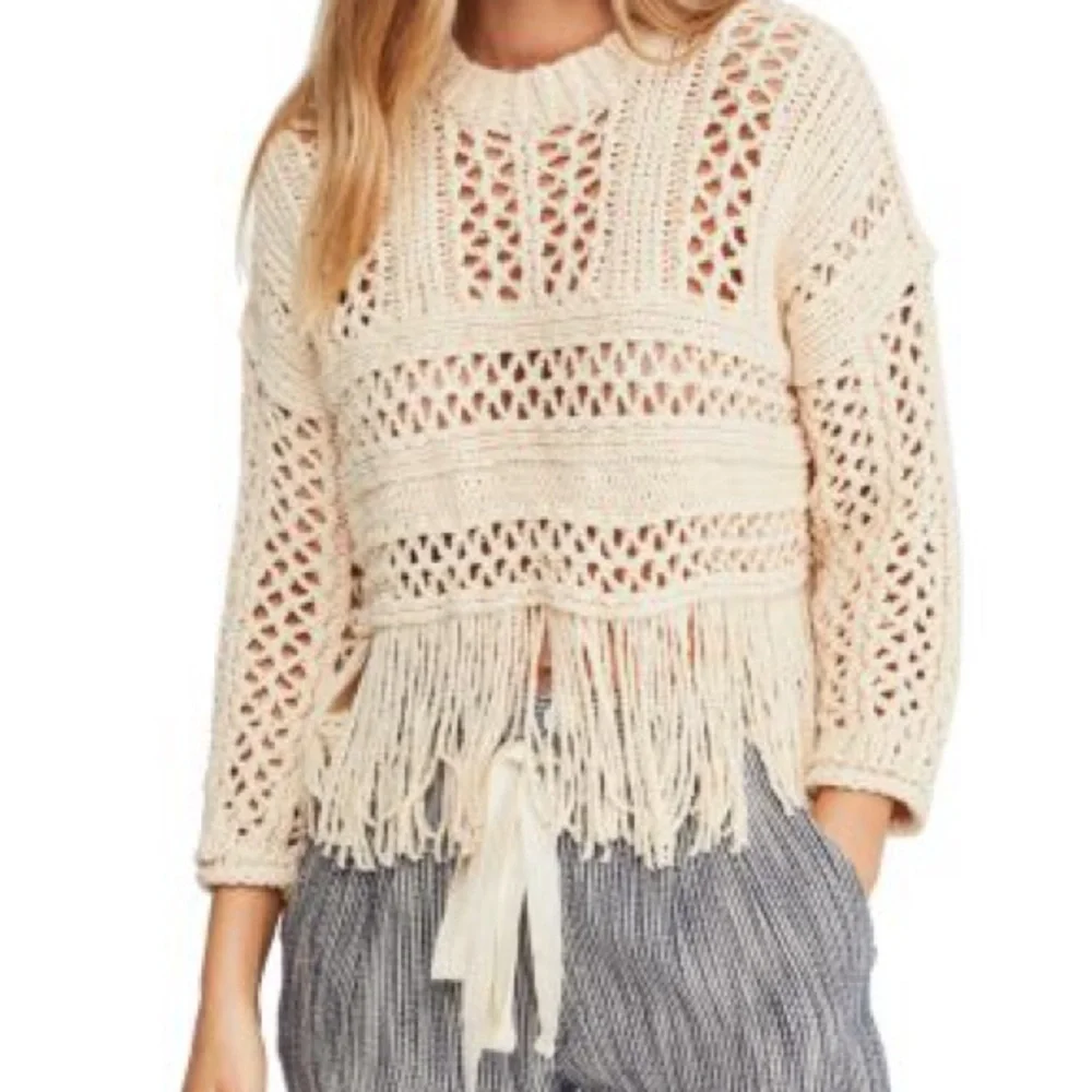Free People Cream Crochet Sweater with Fringe